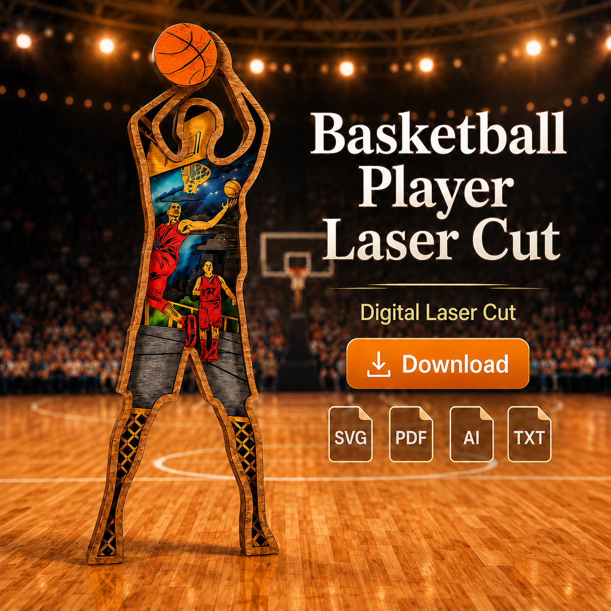 302f660e-9c33-4009-8431-e48f86179b1b Basketball Player SVG 3D Layered Silhouette, Dunk Sports Cut File - Image 1