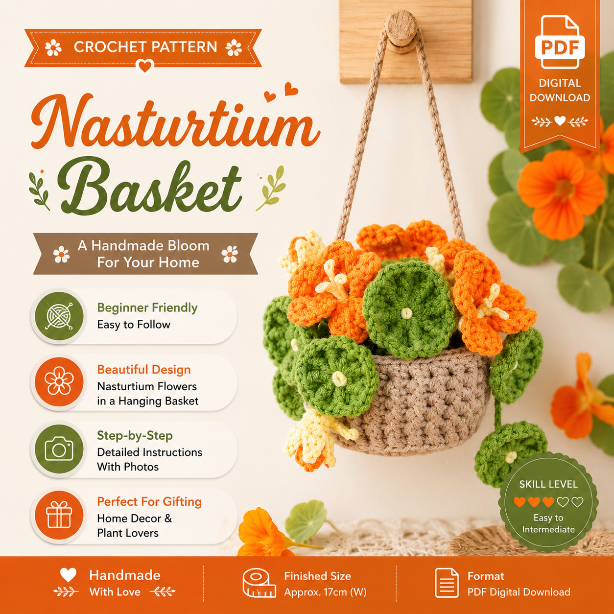 3388b9e9-6969-4b8e-a84d-c01a5ff6bbc6 Nasturtium Crochet Pattern PDF, Car Mirror Hanging Charm, Flower Basket Amigurumi, Rear View Mirror Decor - Image 1