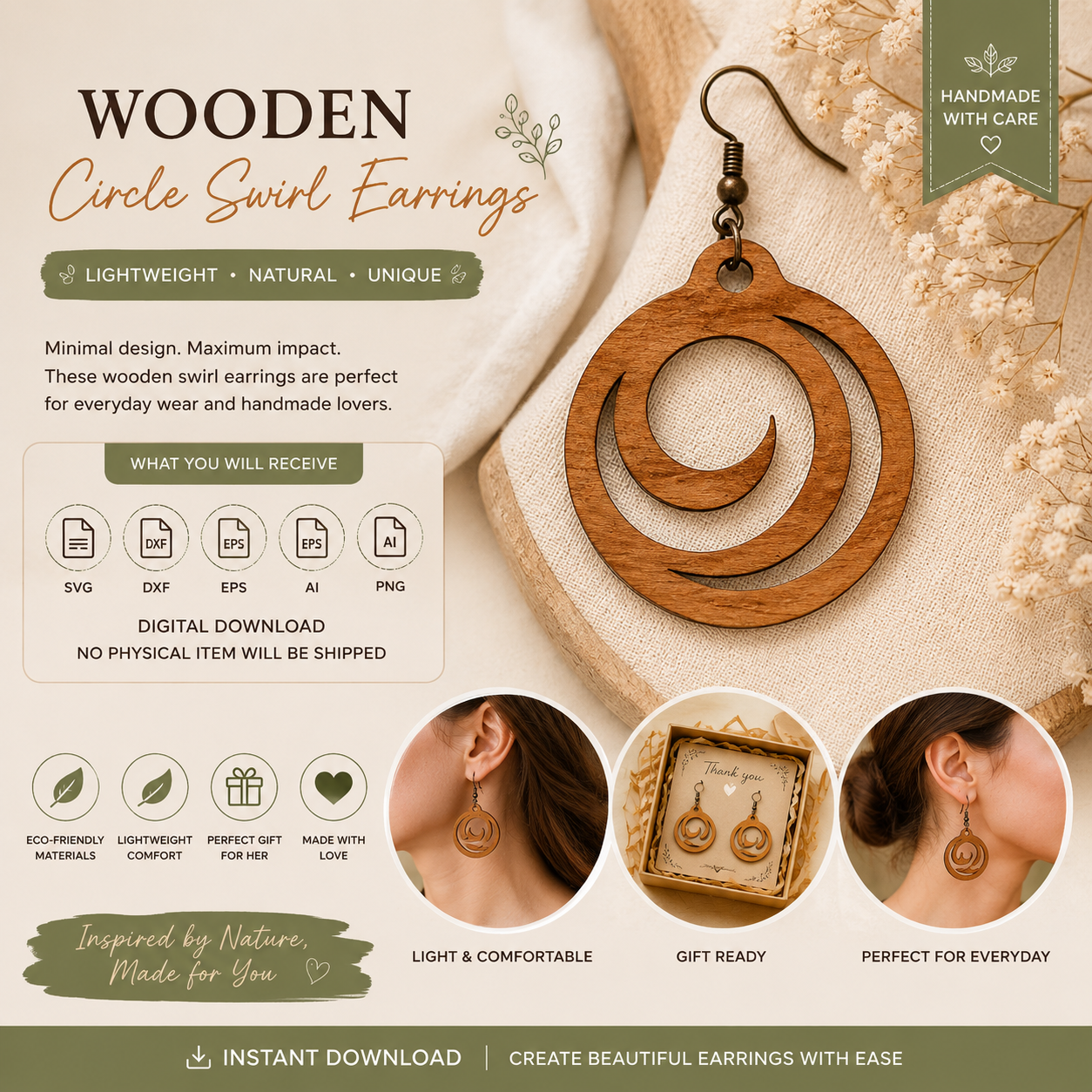 3570c0ba-17b3-437d-b567-d1c8f740c6f1 Wooden Swirl Earrings SVG | Laser Cut Jewelry Template | Circle Dangle Earrings File | Glowforge Design - Image 1