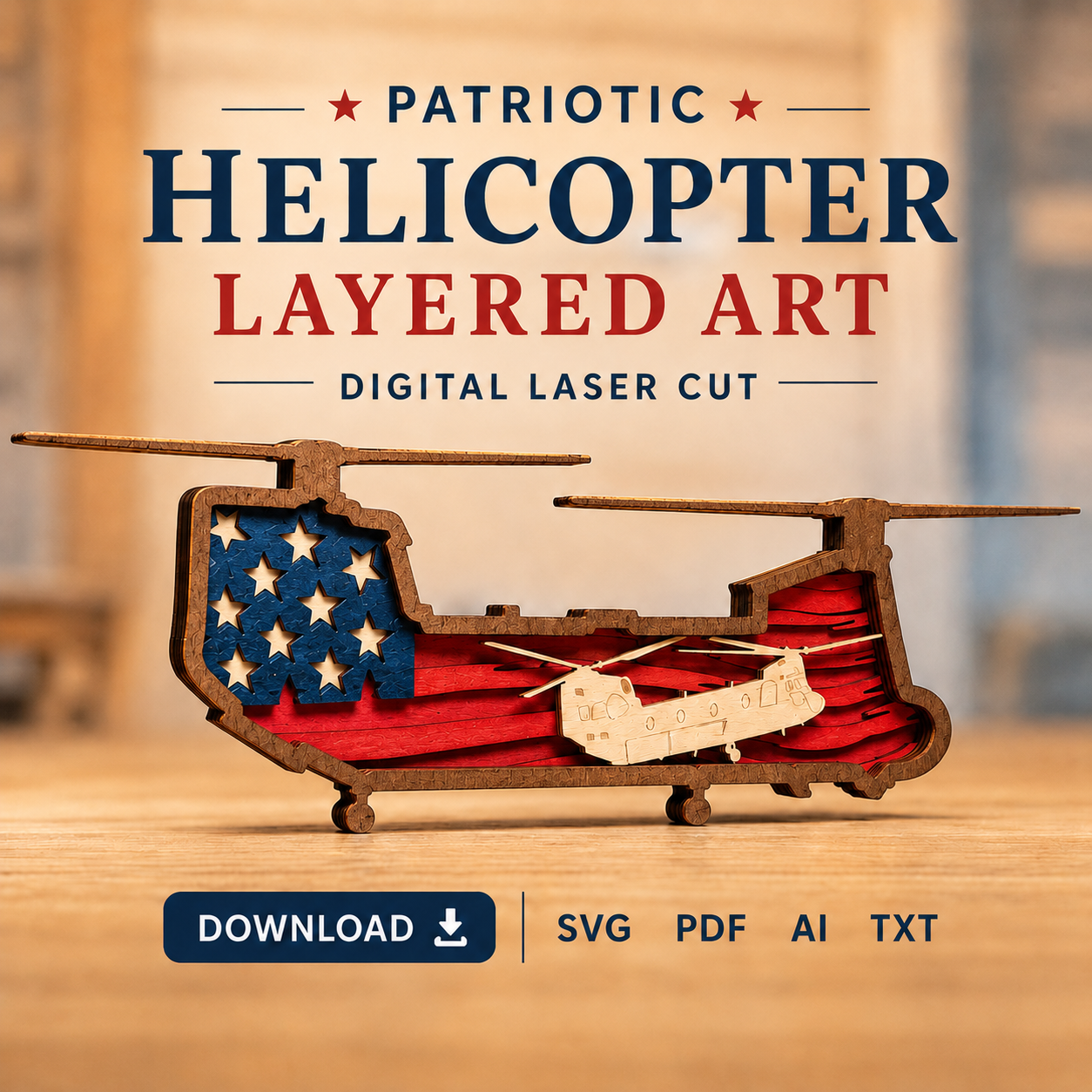 396d840d-7e23-44eb-abbd-2a1c7d5b4812 Chopper SVG 3D Layered Silhouette, Helicopter Flight Cut File, Laser Cut 5 Layer - Image 1