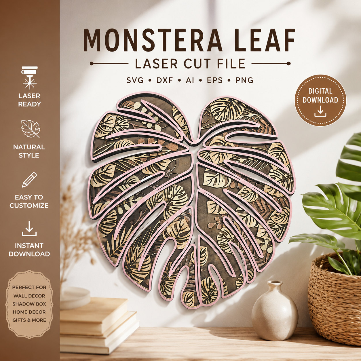 3a1ec563-e625-44bc-b1f8-7c5c5277a904 Monstera Leaf Multilayer 3D Wall Art Laser Cut Files, Layered Art Piece Glowforge Xtool Cricut, Svg Dxf Multilayer Wood Toy Laser Cut File - Image 1