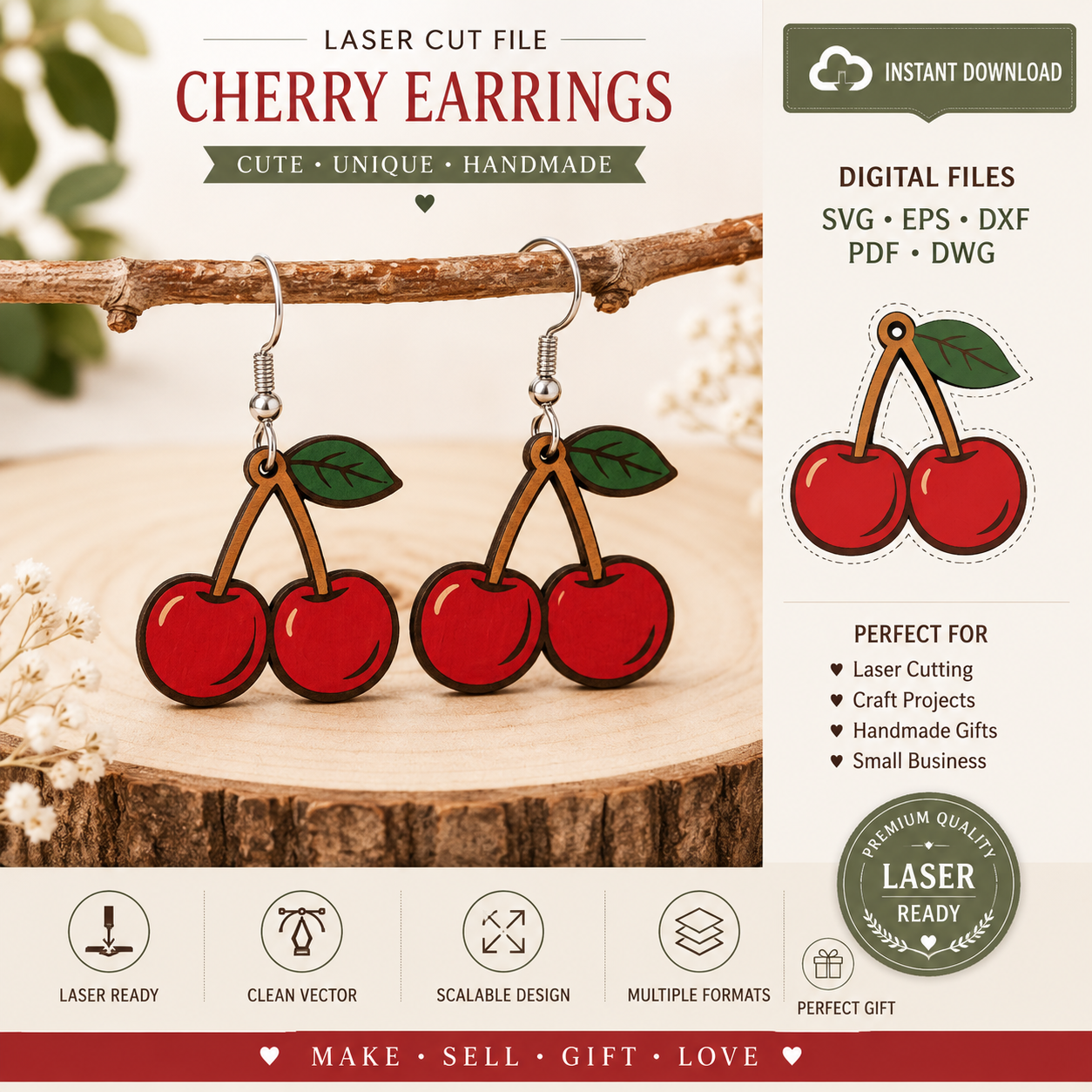 3cb14716-42d2-453d-b6bc-49e45edd712c Cherry Earrings Laser Cut File SVG | Cute Fruit Earrings Template | Glowforge Cut File | Cricut Earrings SVG | DXF EPS PDF Digital Download - Image 1