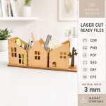 Village Desk Organizer Laser Cut Bundle, Wooden Office Storage SVG, Pencil Holder DXF, Desk Decor CNC Files - Image 4
