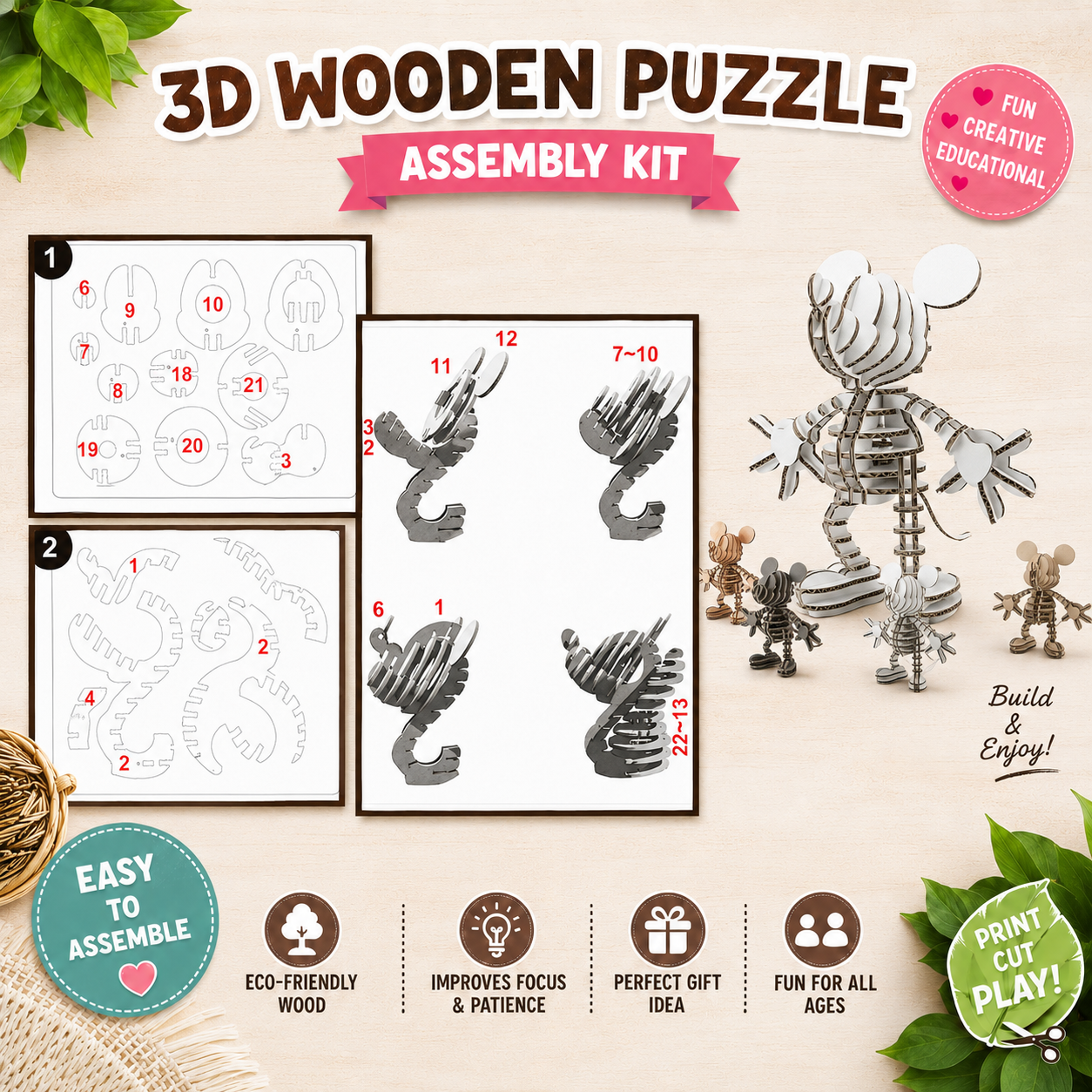 4 Mouse Cartoon 3D Wood Puzzle SVG | Laser Cut Files Bundle | CNC DXF EPS AI Templates | DIY Wooden Toy | Glowforge Cricut 2. - Image 1