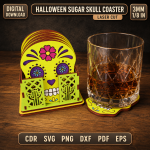 Halloween Sugar Skull Coaster SVG, Day of the Dead Coaster Laser Cut File, Skull Drink Coaster DXF, Halloween Decor Digital Download - Image 4