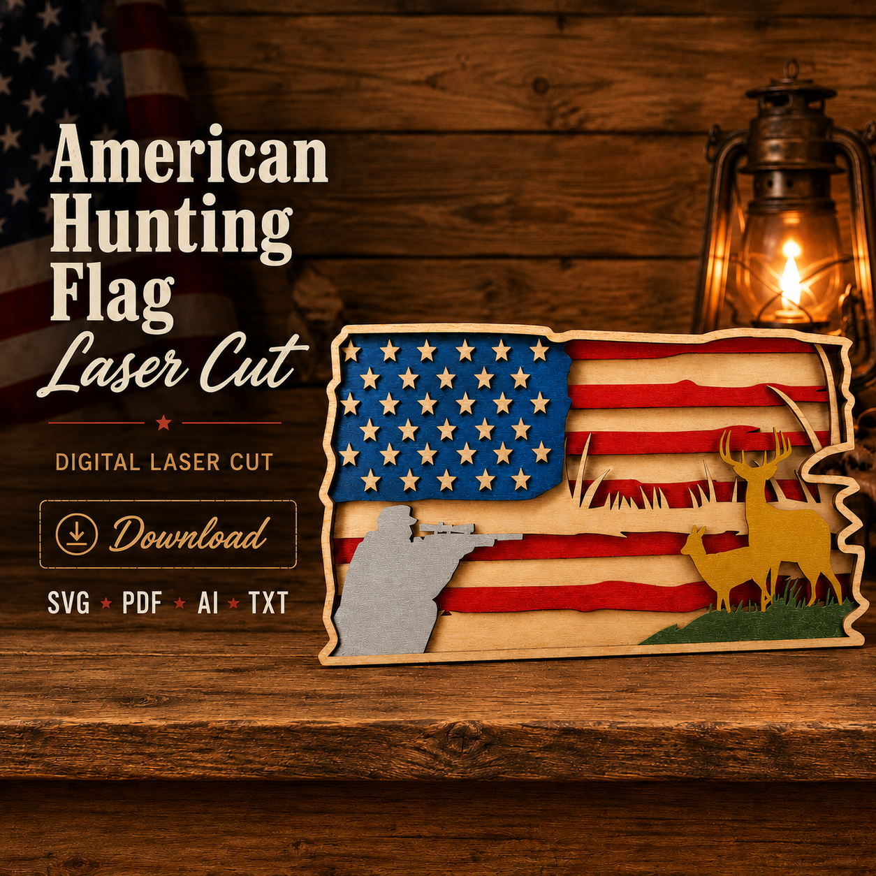 405e79d6-97b7-4ba1-9ed9-ec26bb115c4c American Flag Deer SVG, 3D Layered 5 Layer Patriotic Hunter Laser File - Image 1