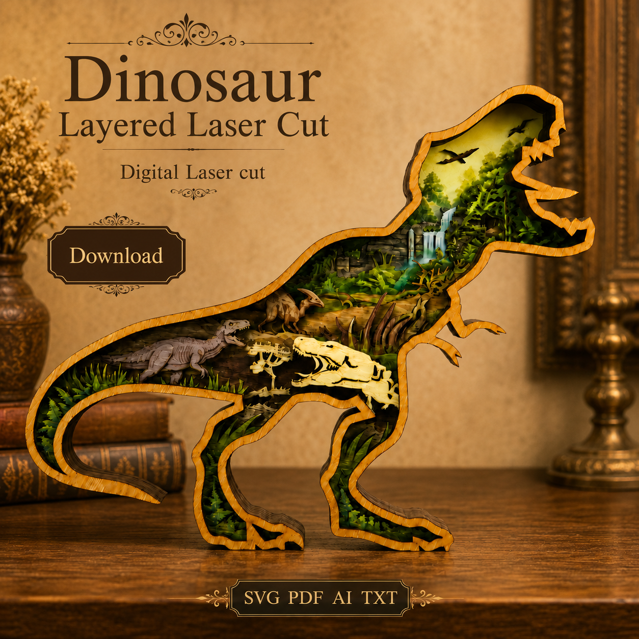 40d9cae0-b560-4727-addd-667b835a72c9 T-Rex Multilayer SVG Layered Art, 3D Dinosaur - Image 1