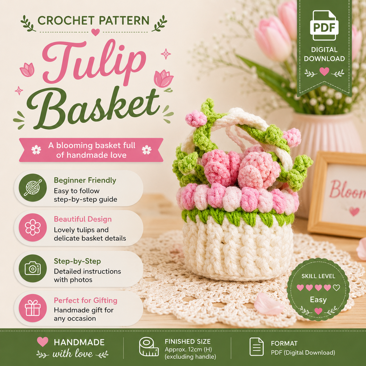 4502c74f-5bef-473d-994c-776be706ca9a Tulip Basket Crochet Pattern PDF, Tulip Flower Basket Pattern, Crochet Flower Basket, DIY Floral Gift, Beginner Crochet Pattern - Image 1