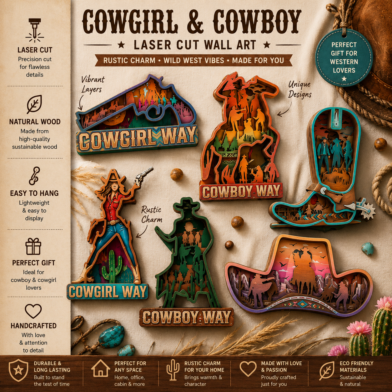 47070beb-96b5-401d-80b4-7aa5fa9c28c6 6x Pack Cowboy Multi Layered 3D Wooden Laser Cut Bundle File - Image 1