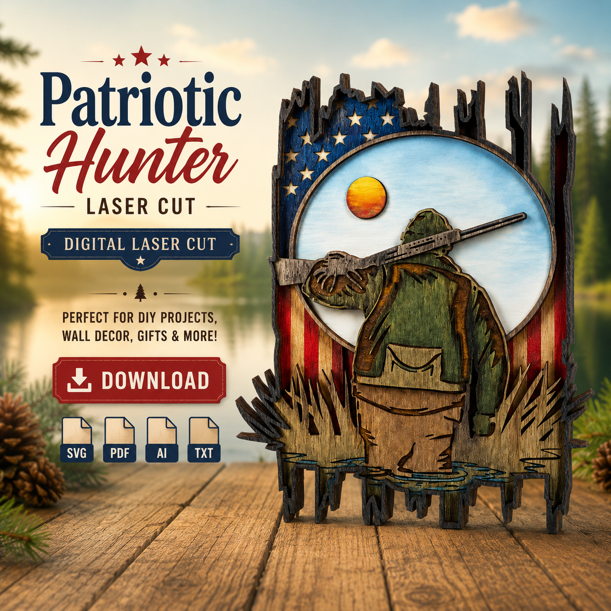 4a1a6bde-00e4-4d64-ab85-1c78fe836580 American Flag Hunting SVG, 3D Layered Patriotic Forest Laser File - Image 1
