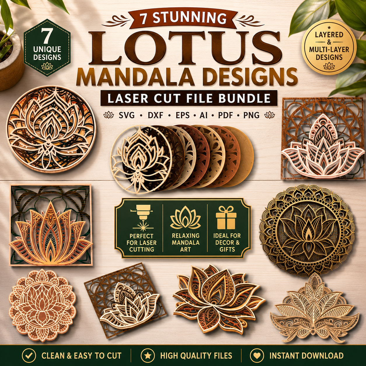 4f771a90-203e-4e92-8b55-48c49b903cd5 7x Lotus Flower Mandala Bundle 3D Multilayer Wooden Engraved Laser Cut File, Decoration Ornament Glowforge Make, Svg Dxf Ai Download File - Image 1