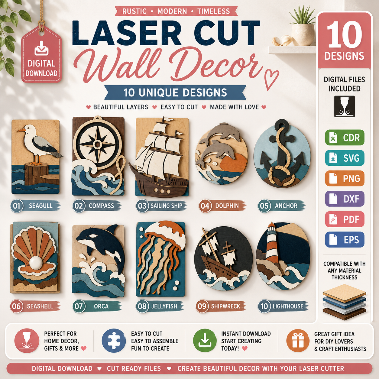 5562f4a6-29e9-444f-9d65-b3a54379bc15 Coastal Mosaic Wall Art Laser Cut Bundle, Ocean Mosaic SVG, Beach Wall Decor DXF, Nautical CNC Template, PDF EPS Files - Image 1