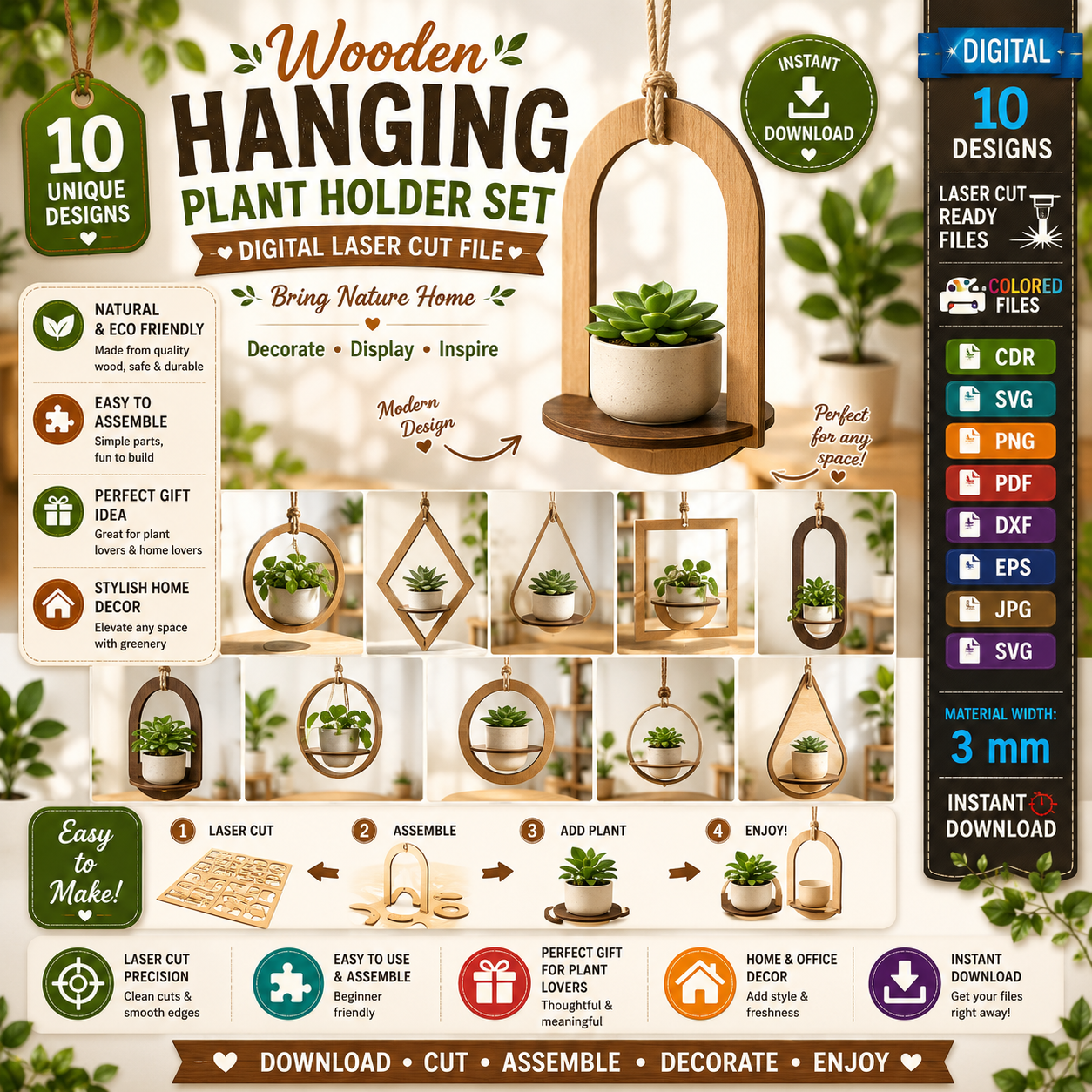 5d8e17a4-6872-4745-bb11-acece3cefc32 Hanging Plant Pot Holder Laser Cut Bundle, Macrame Style Planter SVG, Wall Plant Hanger CNC Template, DXF PDF EPS - Image 1