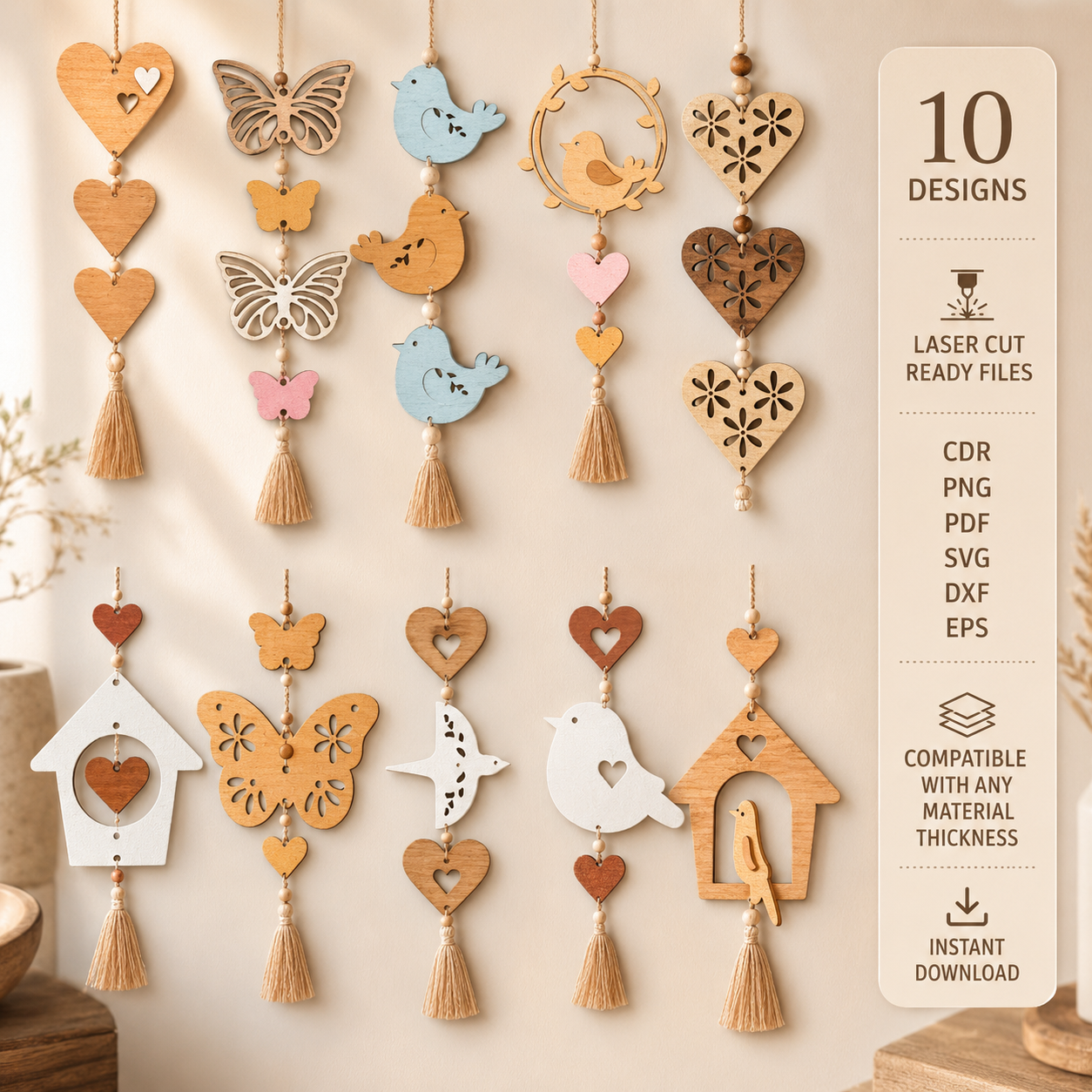 6 Bird Hanging Decor SVG Bundle, Laser Cut Ornament Files, DIY Wooden Wall Hanging, Instant Download - Image 1