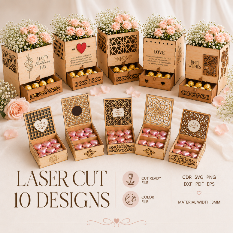 6 Flowers & Chocolate Gift Box Laser Cut Files, SVG DXF PDF Bundle, Gift Packaging Template - Image 1