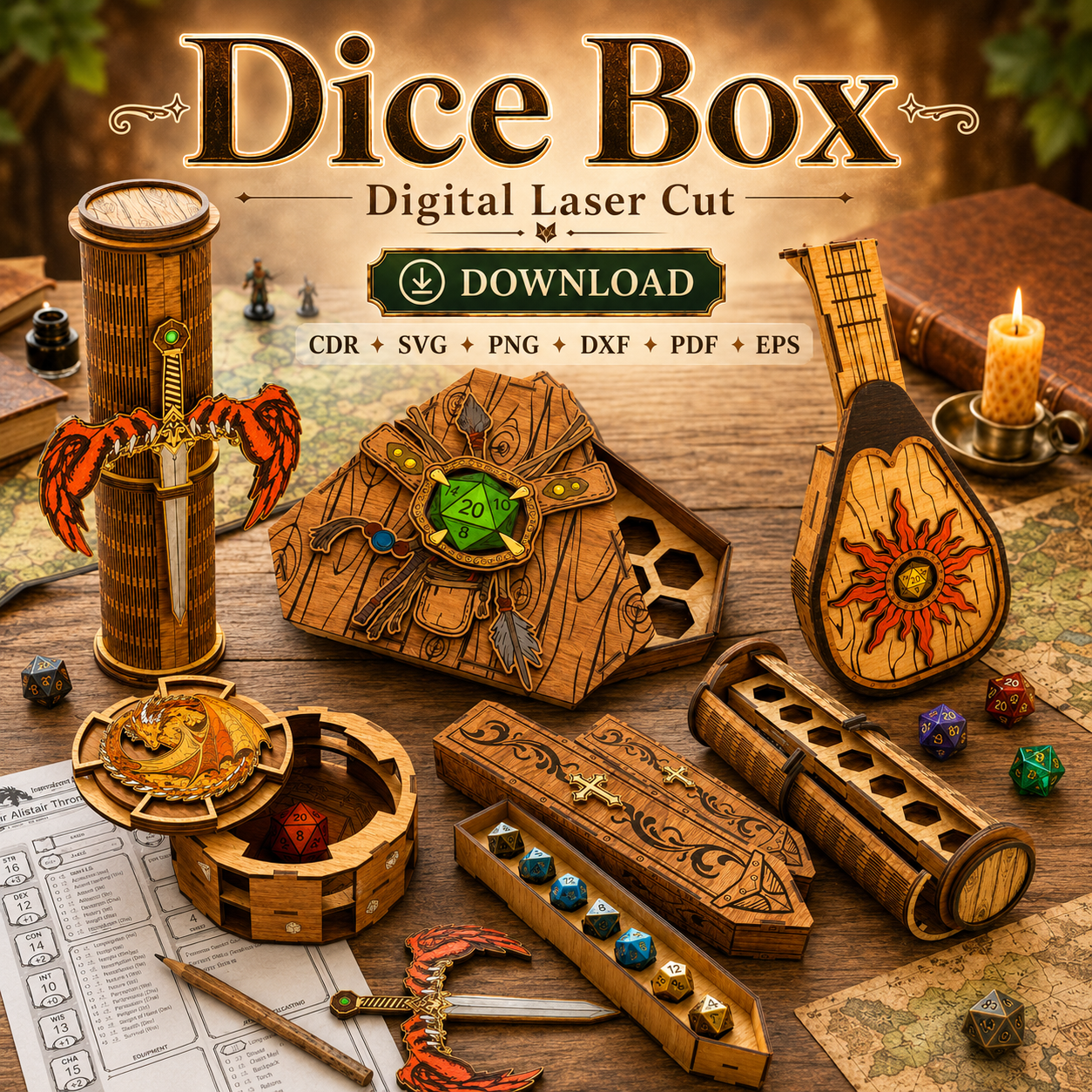 6 DND Dice Box SVG | Dice Storage Case Laser Cut File | CDR SVG PNG DXF PDF EPS Download - Image 1