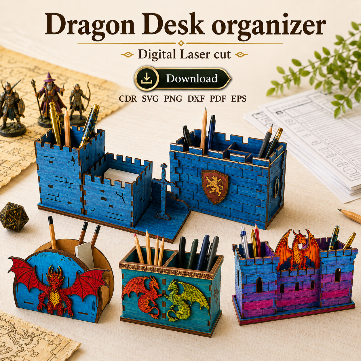 6 Dragon Desk Organizer Laser Cut File | Fantasy Office Organizer SVG | Digital Download - Image 1