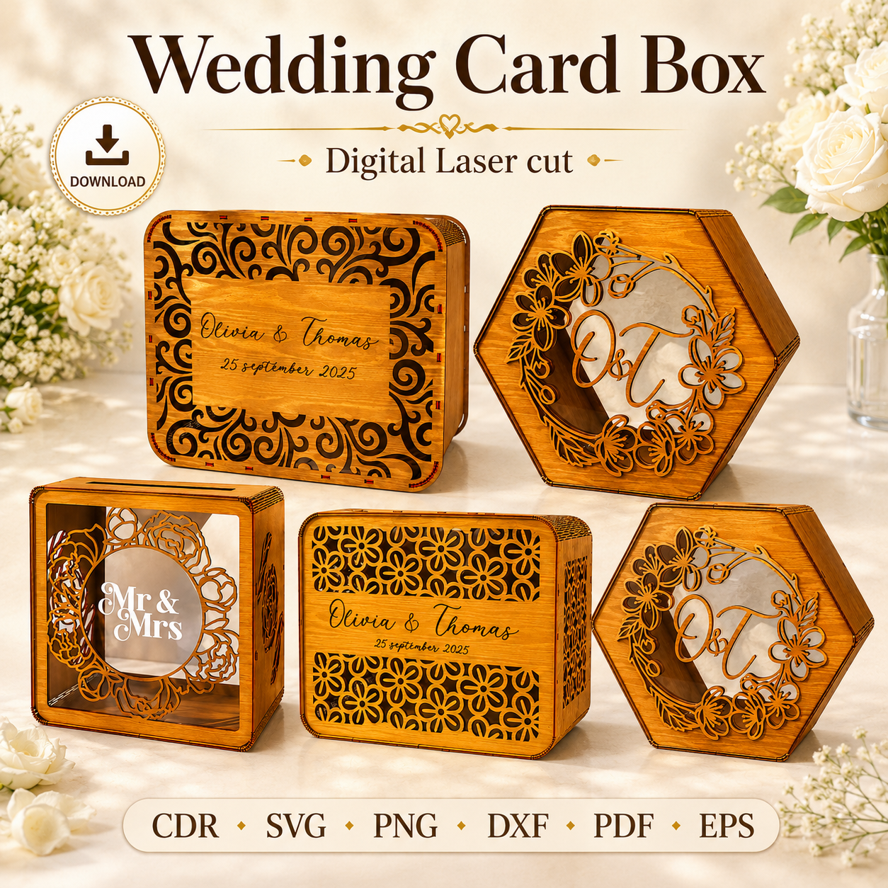 6 Wedding Card Box Laser Cut File | SVG Template | Digital Download | CDR SVG PNG DXF PDF EPS - Image 1