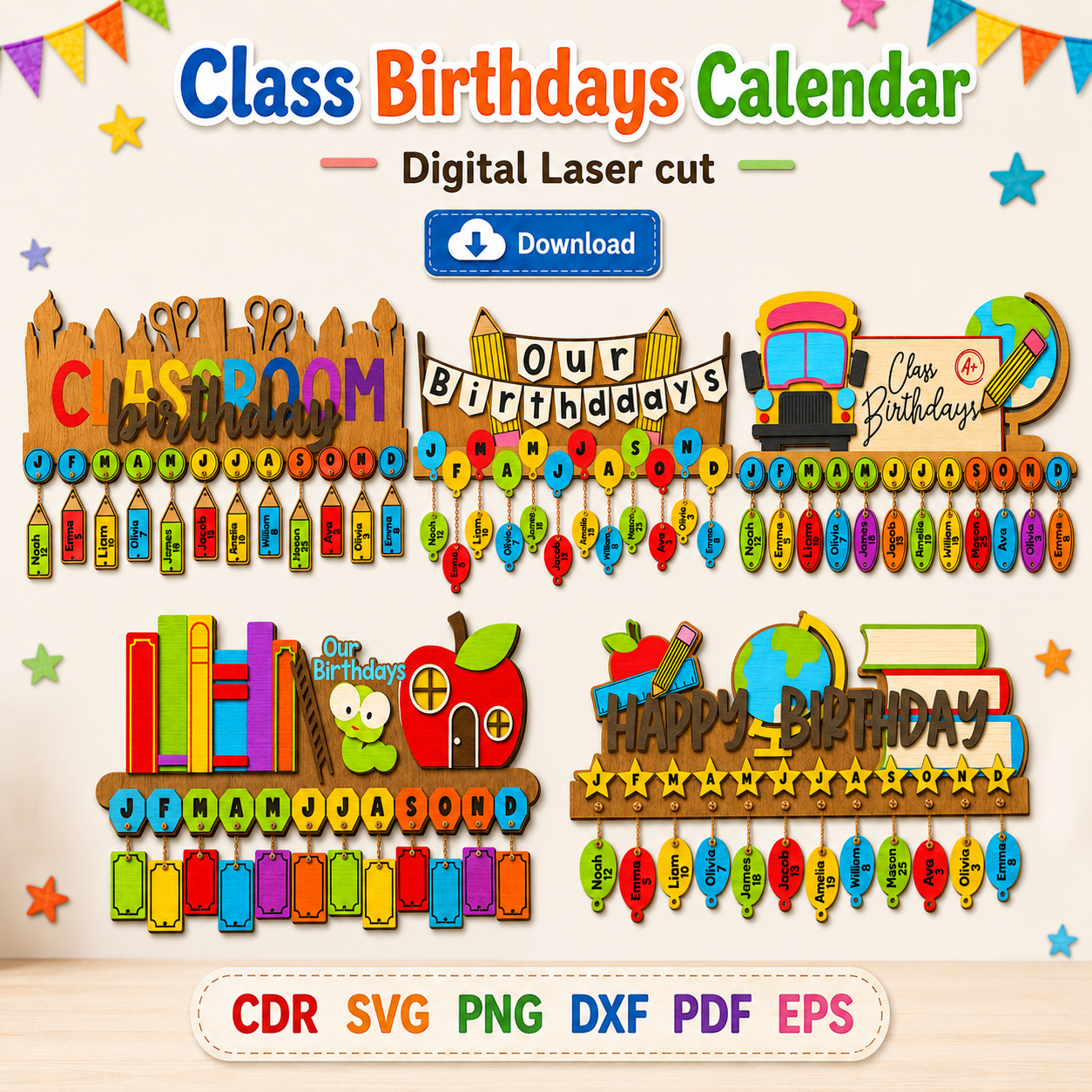 6 Classroom Birthday Tracker SVG | Teacher Classroom Decor Laser Cut File - Image 1