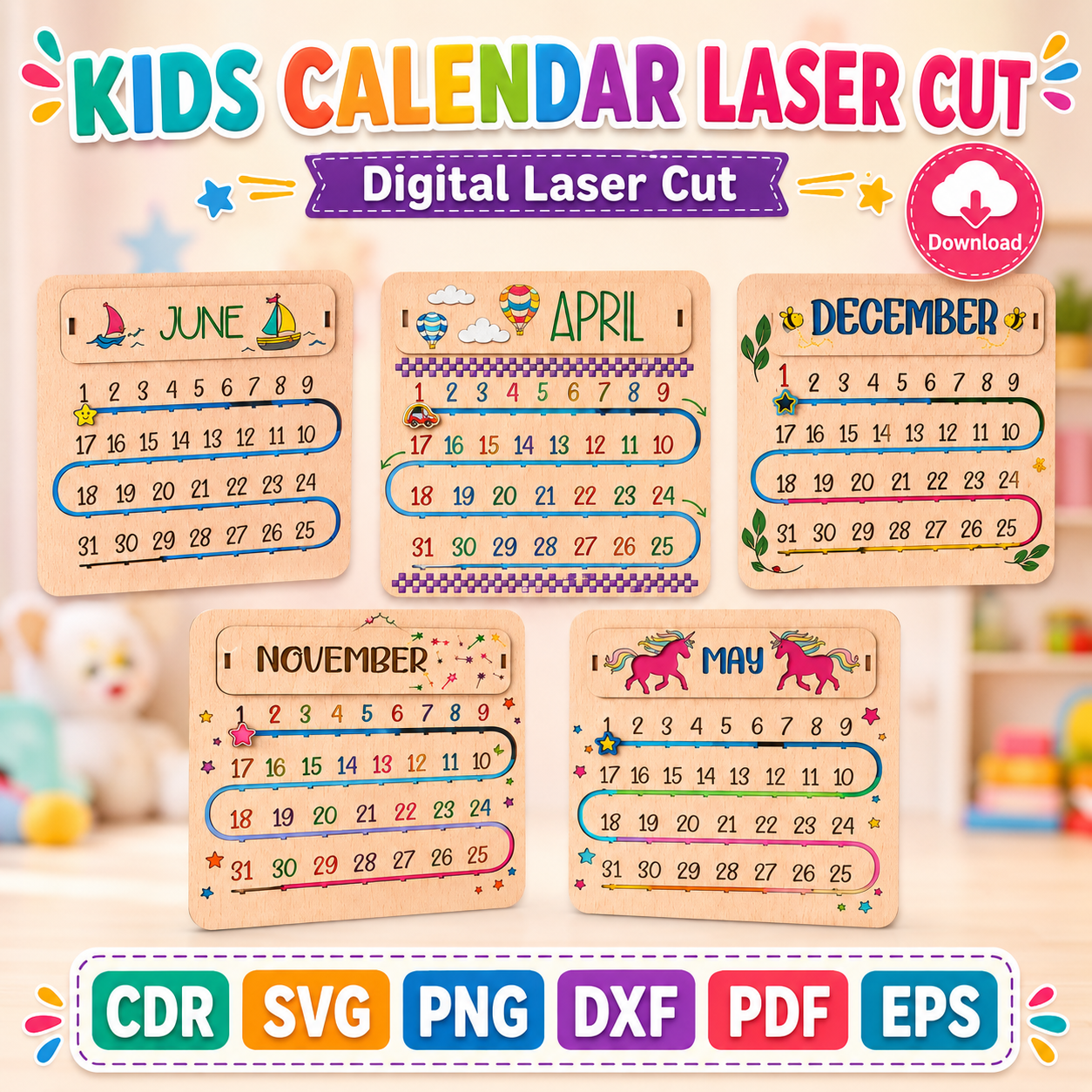 6 Kids Calendar Laser Cut File | Montessori Calendar SVG | Digital Download - Image 1
