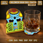 Halloween Sugar Skull Coaster SVG, Day of the Dead Coaster Laser Cut File, Skull Drink Coaster DXF, Halloween Decor Digital Download - Image 6