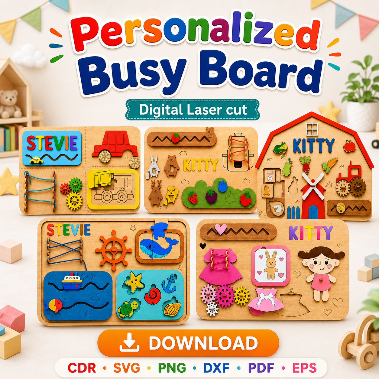 6 Personalized Activity Board SVG | Wooden Educational Toy - Image 1