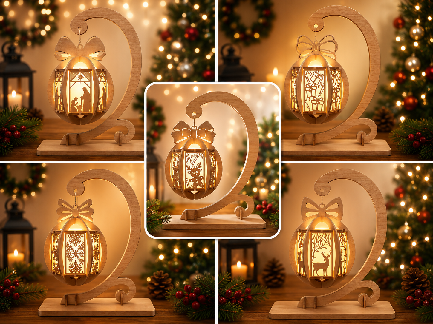 6 Xmas Lantern Bundle SVG, 5 Wooden Lantern Designs with Stand, Christmas Laser Cut Files, Glowforge LightBurn CNC DXF EPS AI PNG - Image 1