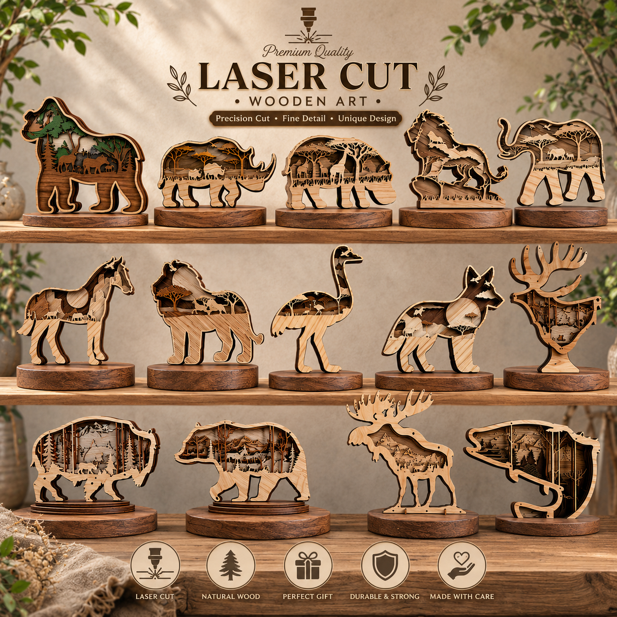 6 14PCS Laser Cut Wooden Animal Collection, Handmade Wildlife Decor Set, Rustic Woodland Art, Nature Lover Gift, Home Display - Image 1