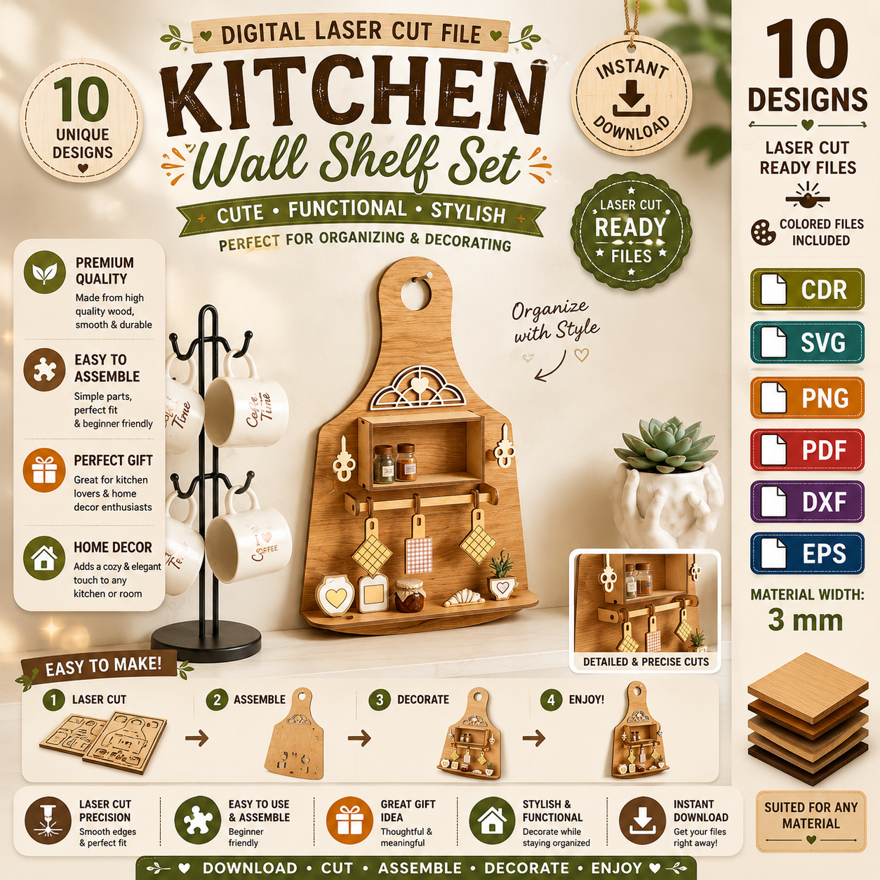 6149314b-707b-4ce3-8d3d-b57950f4a05e Kitchen Cutting Board Miniature Laser Cut, Mini Chopping Board SVG, Dollhouse Kitchen CNC Template, DXF PDF EPS - Image 1