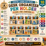 Kids Pencil Holder Laser Cut SVG Bundle, Wooden Desk Organizer CNC Template, School Supply Holder DXF PDF EPS Files