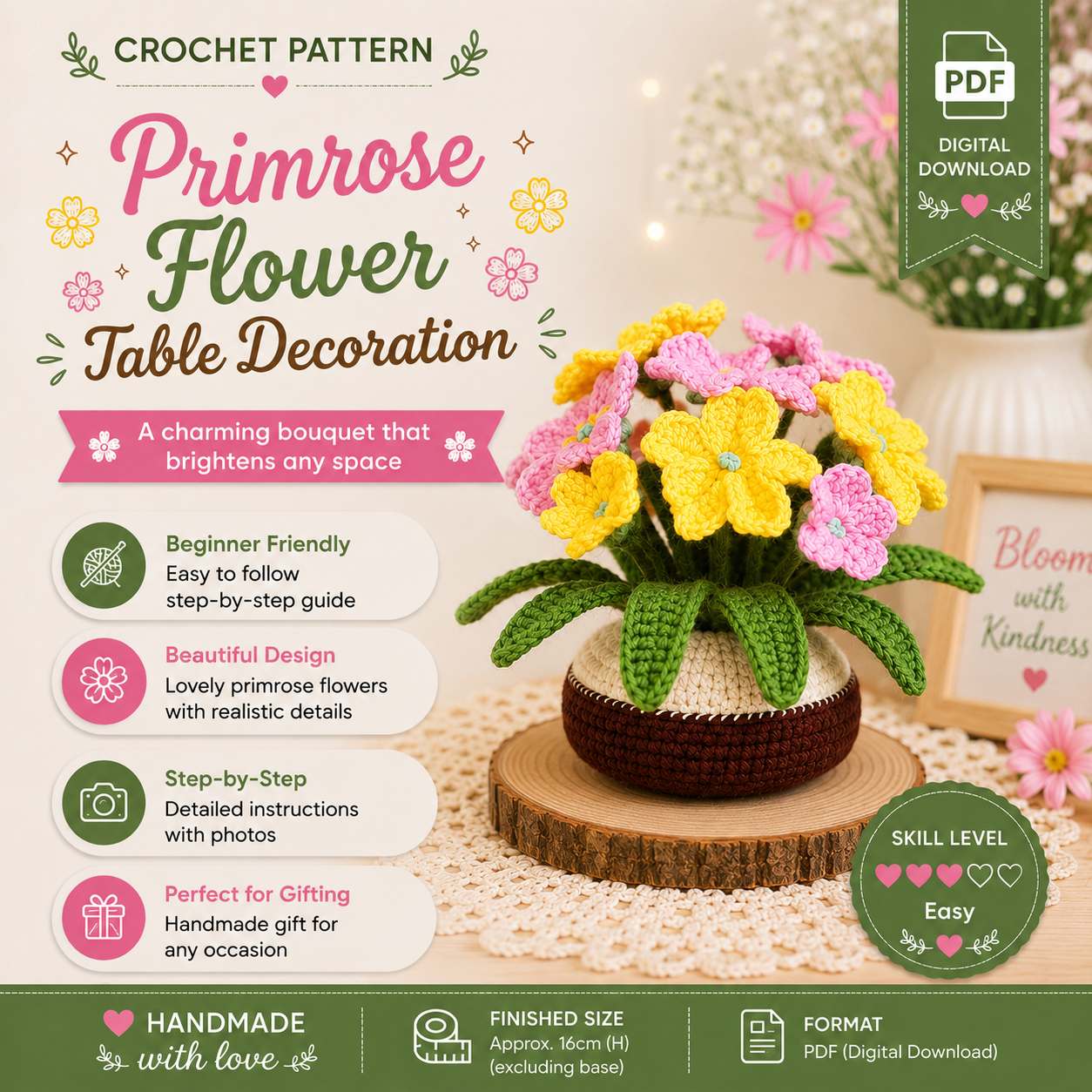 640433c2-f4c6-4719-bafe-2447c443abee Primrose Flower Crochet Pattern PDF, Floral Table Decoration, Flower Pot Amigurumi, Spring Home Decor Gift - Image 1