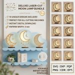 Moon Nightlight Lamp SVG Bundle, Laser Cut Wooden Night Light Files, 3D Moon Lamp for Glowforge Cricut CNC DXF EPS PNG