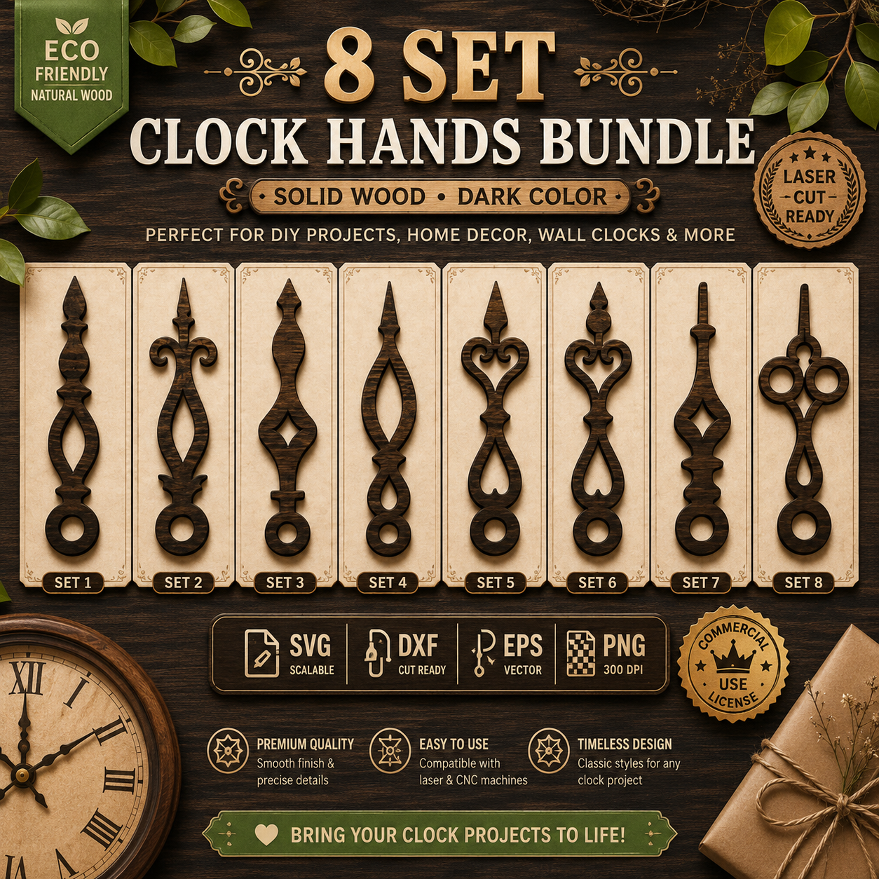 6d3d05a1-d286-4333-ac8c-b04f1beea1b9 Clock Hands Bundle SVG – 8 Vintage Clock Hand Designs for Laser Cutting | SVG DXF EPS PNG Files - Image 1