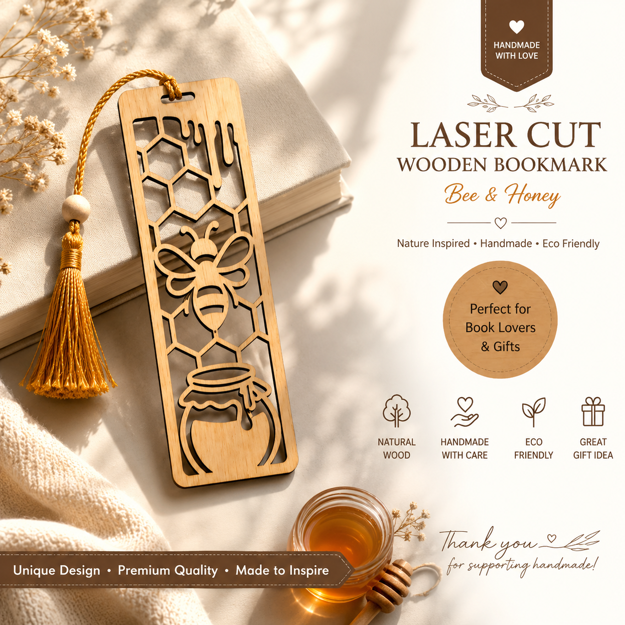6f8beeed-266e-4322-a31c-1e5325b2ea52 Bee & Honey Wooden Bookmark SVG | Laser Cut Bookmark File | Honeycomb Book Lover Gift | CNC & Glowforge Digital Download - Image 1