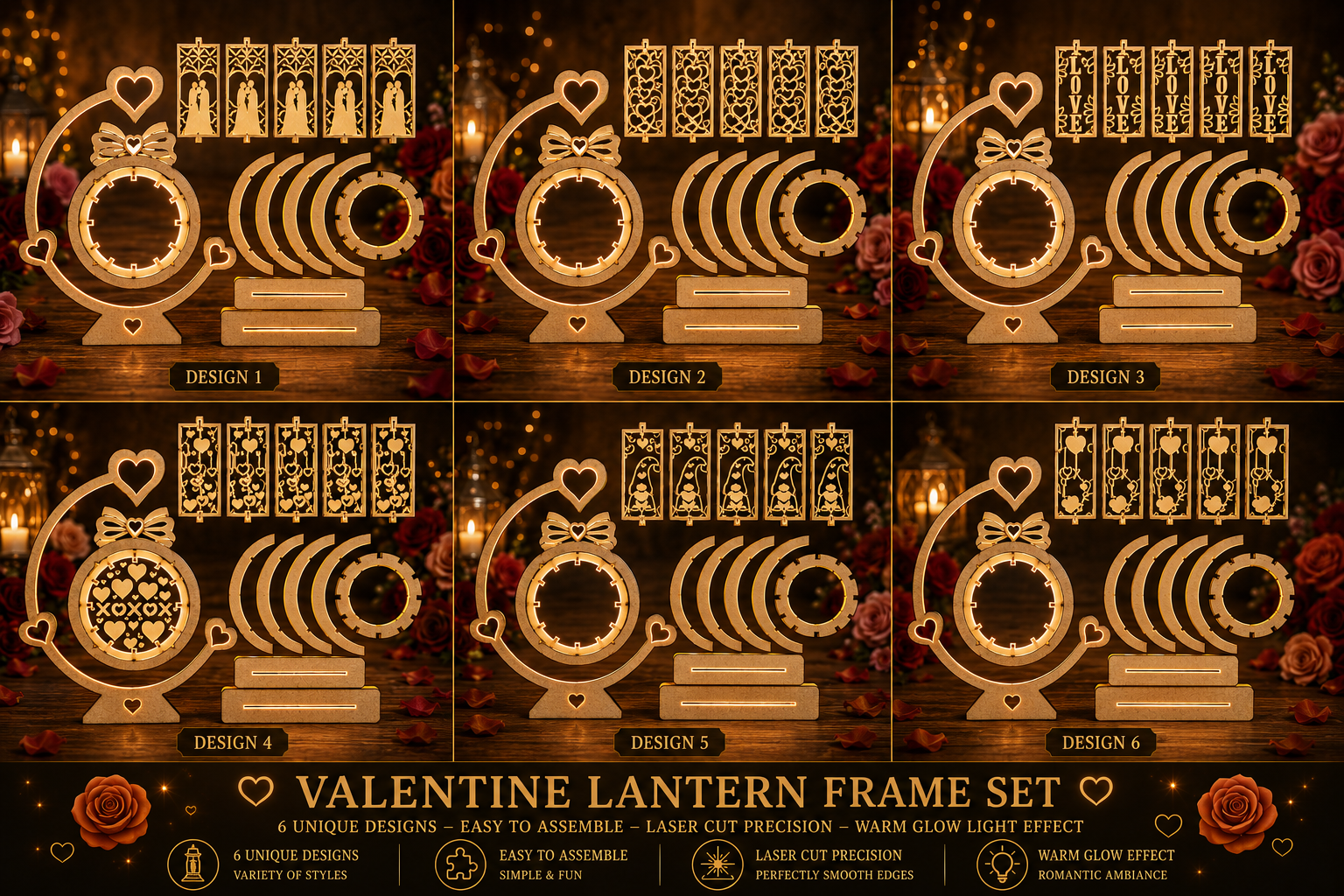 7 Valentine Lantern Bundle Pack 8 with Stand SVG | Laser Cut Lantern Files | Romantic Heart Light Box | Glowforge CNC Wood Craft | Valentine's Day Decor - Image 1