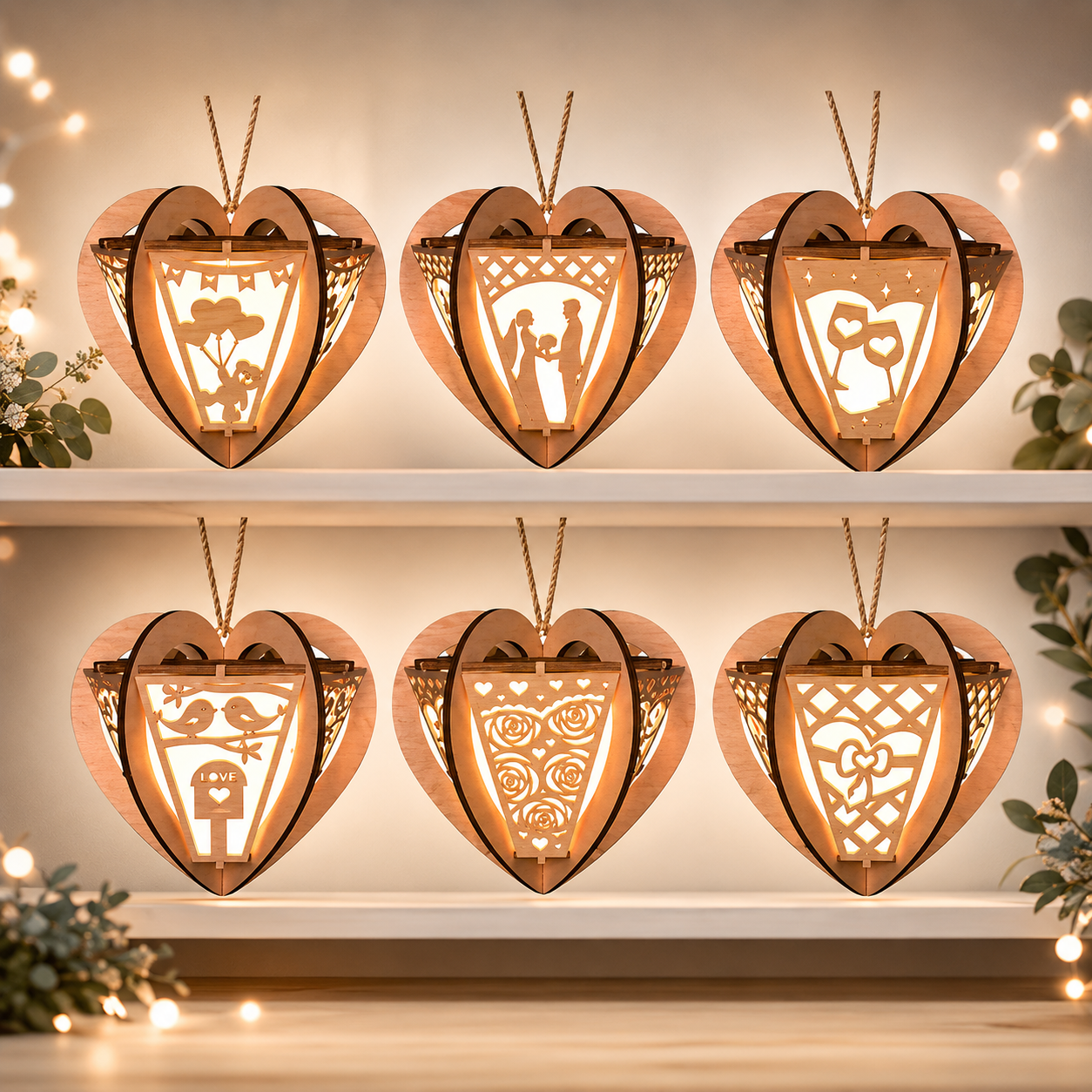 7 Valentine Heart Lantern Bundle SVG, 8 Love Lantern Laser Cut Files, Romantic Hanging Lantern Pack, Wooden Heart Decor, Glowforge Lightburn CNC DXF EPS AI PNG - Image 1