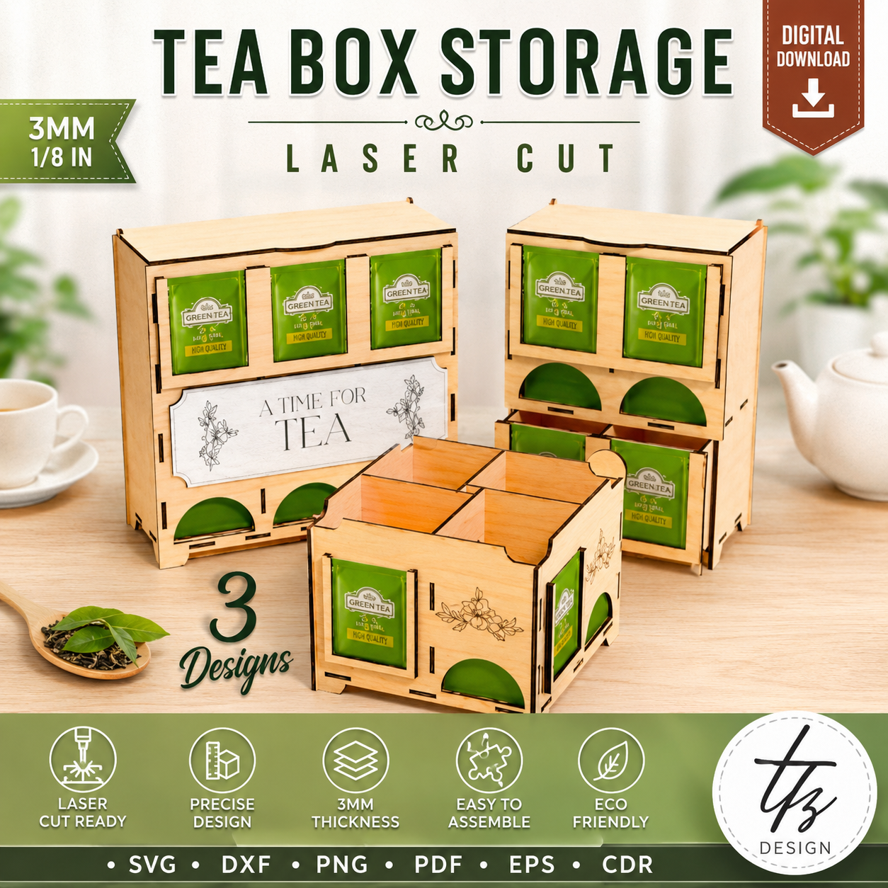 7 Tea Bag Organizer Laser Cut Bundle SVG | Tea Storage Box CNC Files | Glowforge Laser Cut Template | Tea Bag Holder DXF EPS AI PDF - Image 1