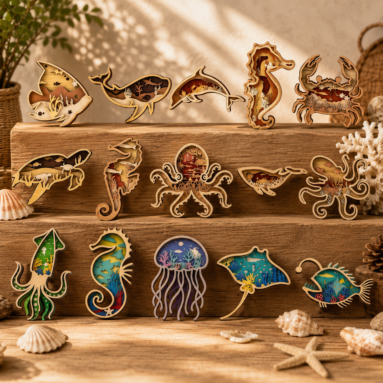734fb41d-35a0-4435-8c8a-c252b00e279a Ocean Animals Layered Wood Laser Cut Files Bundle | Marine Life SVG DXF PNG | Whale Dolphin Octopus Seahorse Jellyfish CNC Glowforge Cut File - Image 1
