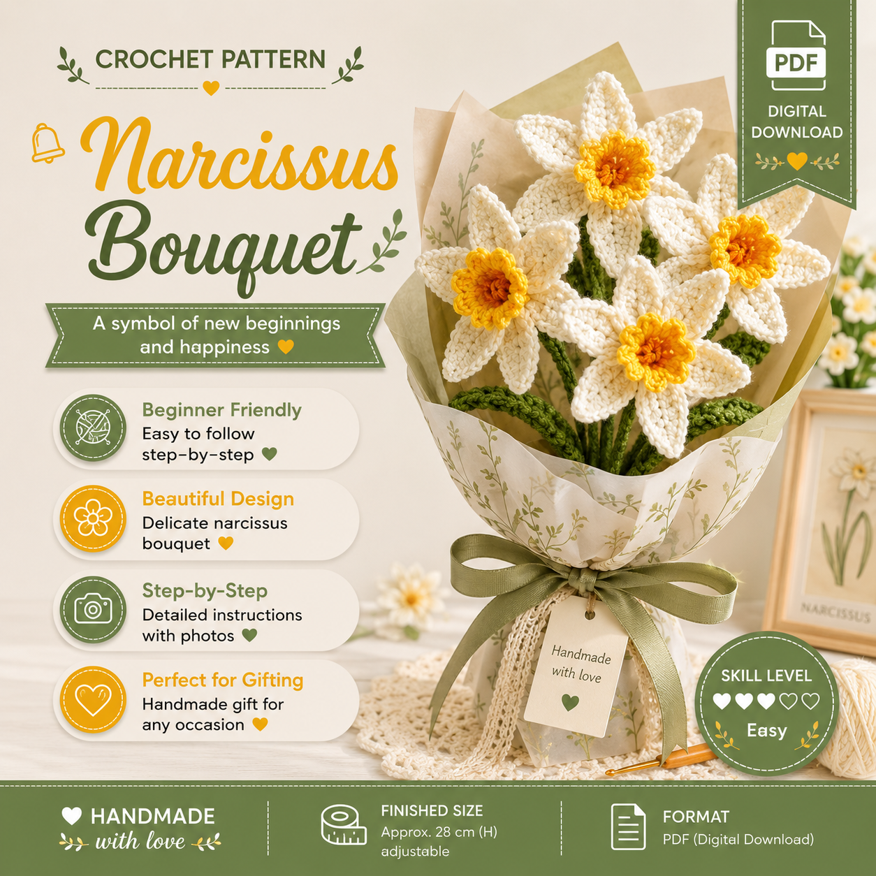 76b84e2e-15a5-4796-8179-80a7441eb6e1 Daffodil Crochet Pattern PDF, Narcissus Bouquet Crochet Pattern, Crochet Flower Bouquet, Beginner Friendly Floral Gift Pattern. - Image 1