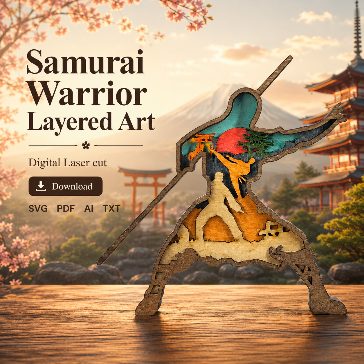 7be14f8b-244c-4cac-a804-ae6ad4f78489 Samurai SVG 3D Layered Silhouette, Japanese Warrior Cut File - Image 1