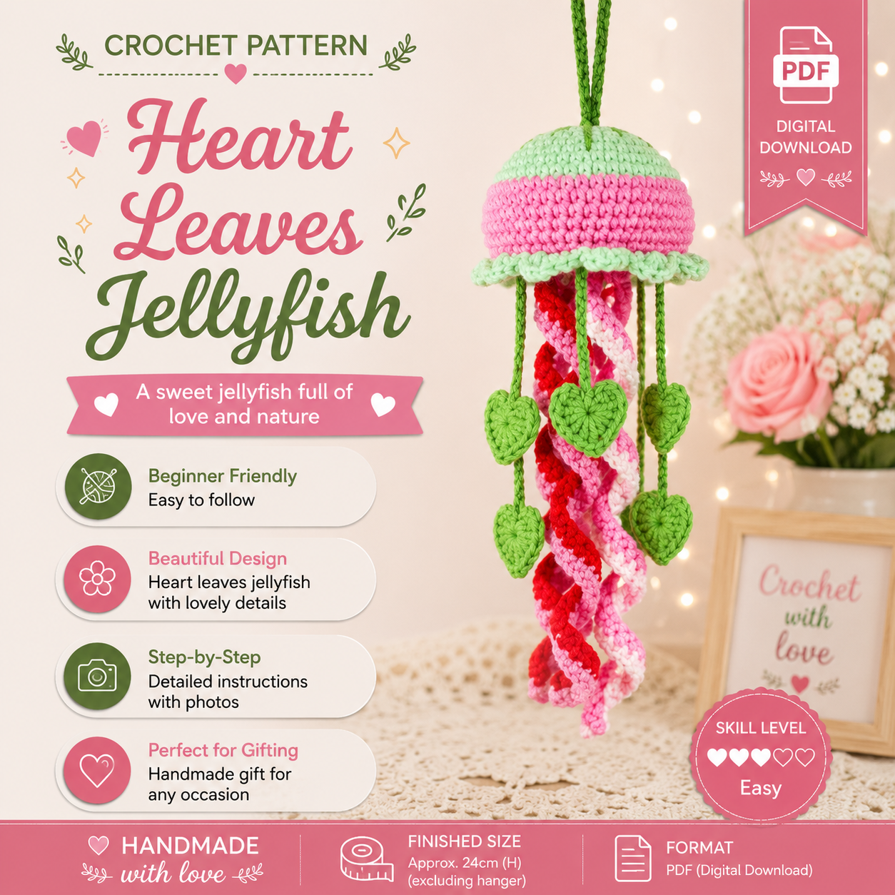 7fa6bd61-54ed-44ab-87a4-1ca086fde565 Heart Leaves Jellyfish Crochet Pattern PDF, Car Mirror Hanging Charm, Rear View Mirror Decor, Cute Amigurumi Gift - Image 1