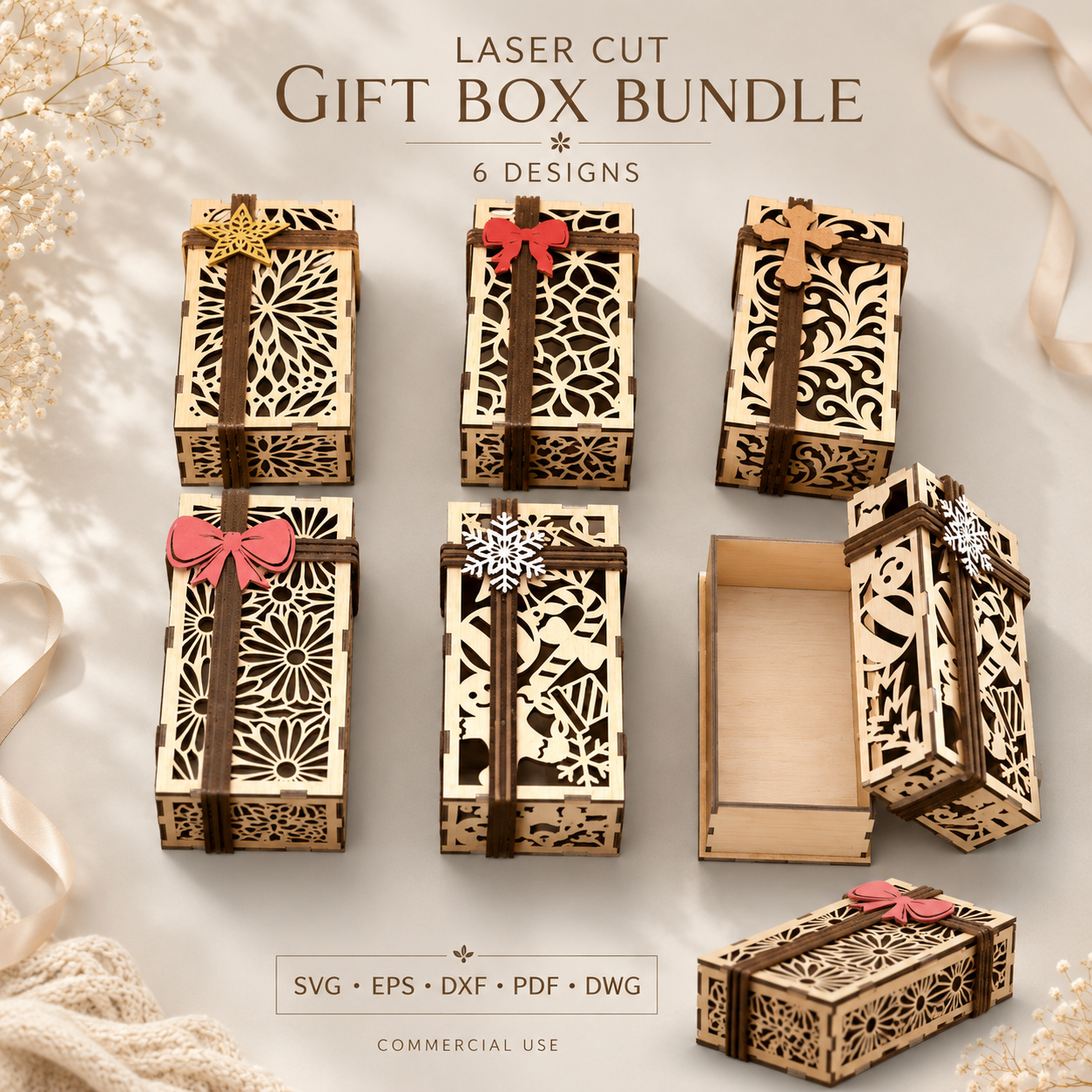 8 Gift Box Bundle Laser Cut SVG Set, 3D Gift Box Template, Wooden Box DXF Files, Party Favor Box CNC, Digital Download SVG DXF PDF EPS - Image 1