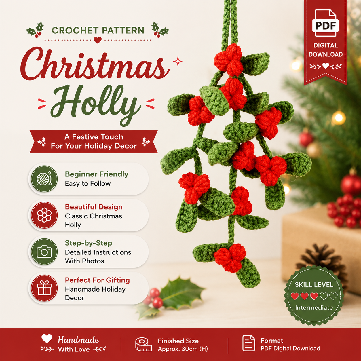 86ae5ae8-edbf-462f-8aea-b500e59460b9 Christmas Holly Crochet Pattern PDF, Car Hanging Crochet Pattern, Rear View Mirror Charm, Holiday Car Decor Ornament - Image 1