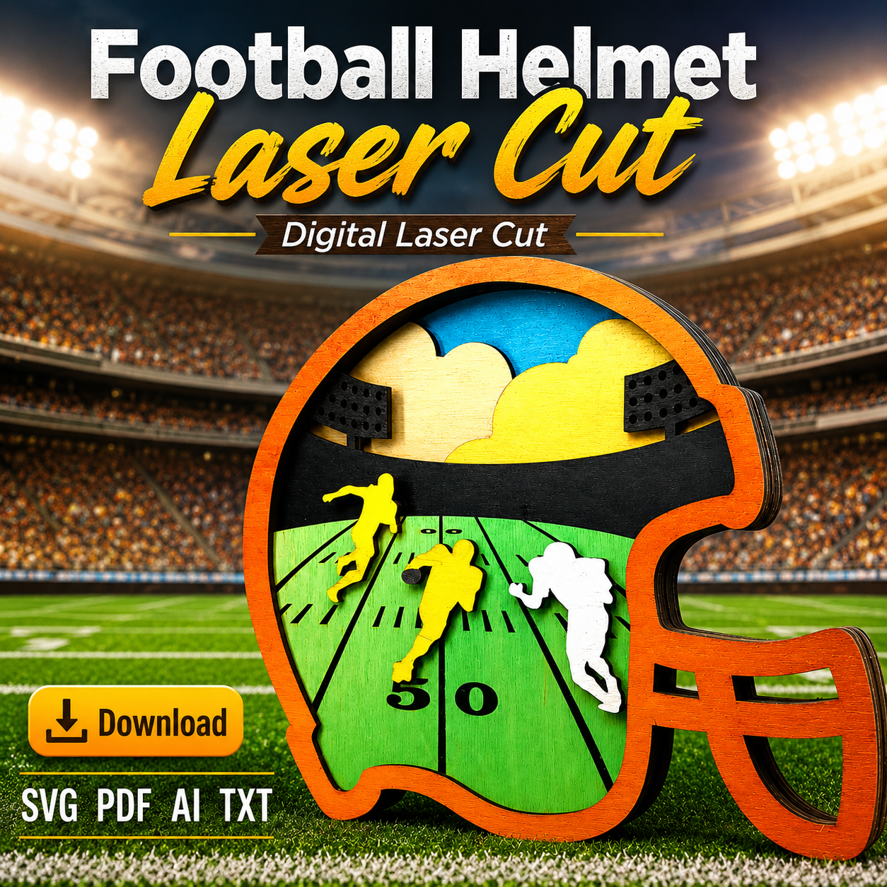 86d987d3-554b-4bac-bd4e-cc06c499aeda Football Helmet SVG 3D Layered Silhouette, American Sports Cut File, Glowforge Laser Cut 6 Layer - Image 1