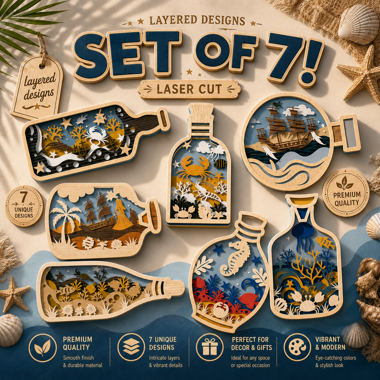 9 Ocean Sea Bottle Diorama Set of 7 – Layered Wooden Nautical Ship Art, 3D Laser Cut Ocean Decor, Sea Life Bottle Shadow Box, Gift for Home Decor - Image 1