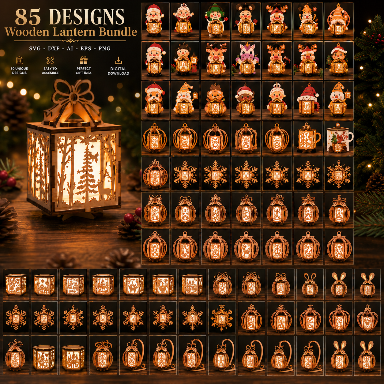 9 85+ Ultra Christmas Lantern Bundle SVG | Wooden Laser Cut Files for Glowforge, Cricut & CNC | Xmas Lantern SVG Pack | Digital Download - Image 1