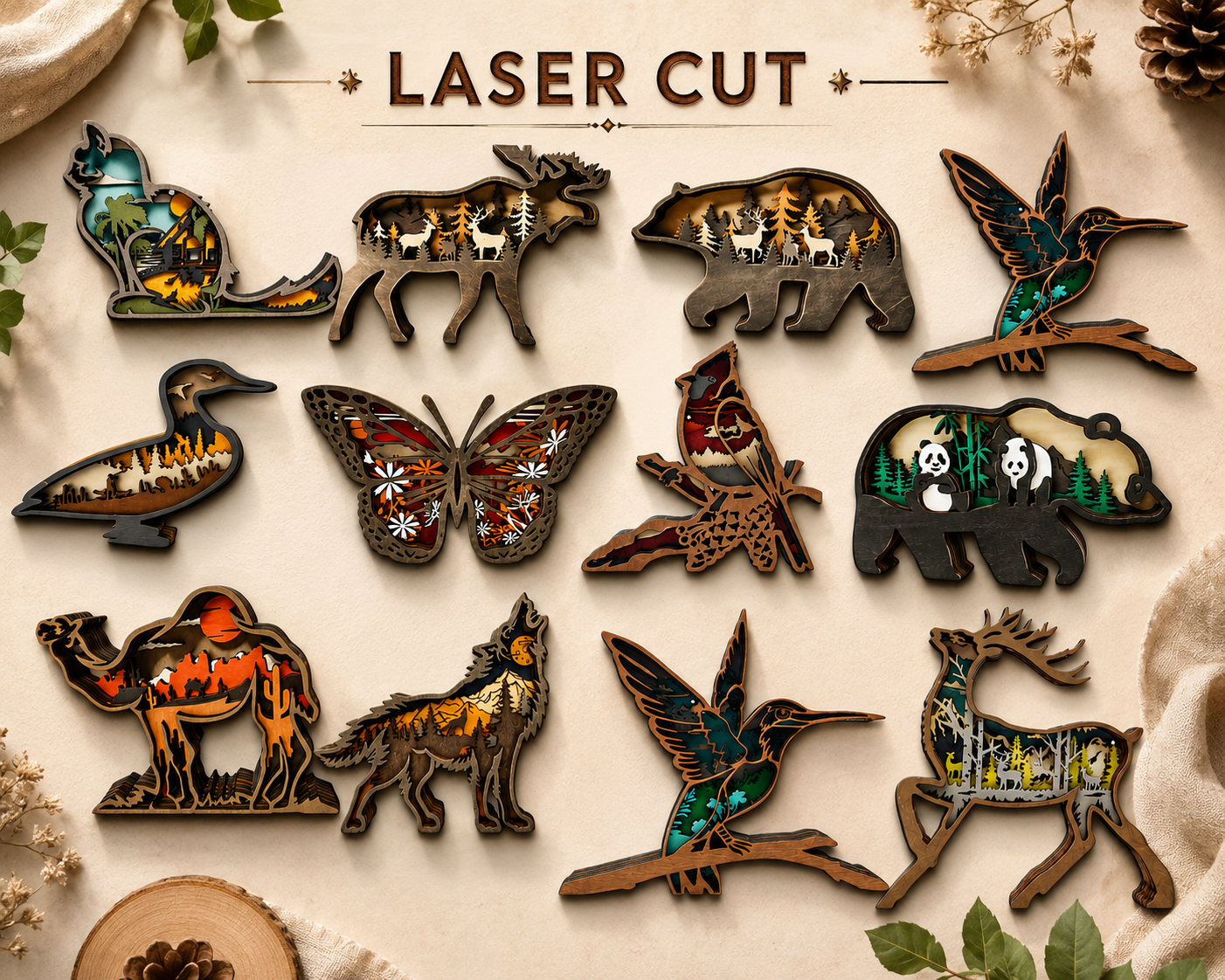 9 Wild Animals Bundle SVG Files | 3D Layered Wood Art | Laser Cut Animal Scenes | Glowforge xTool LightBurn Digital Download - Image 1