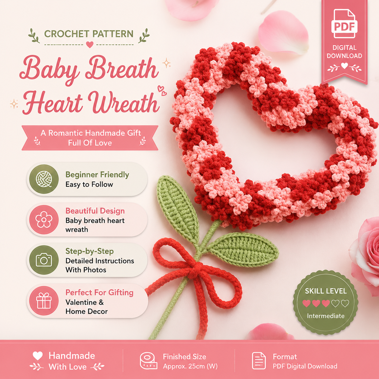 92565bd5-e7da-44ca-9ffe-87eefb8ebf11 Crochet Heart Wreath Pattern PDF, Baby's Breath Flower Wreath, Valentine Crochet Decor, Handmade Romantic Gift Pattern - Image 1