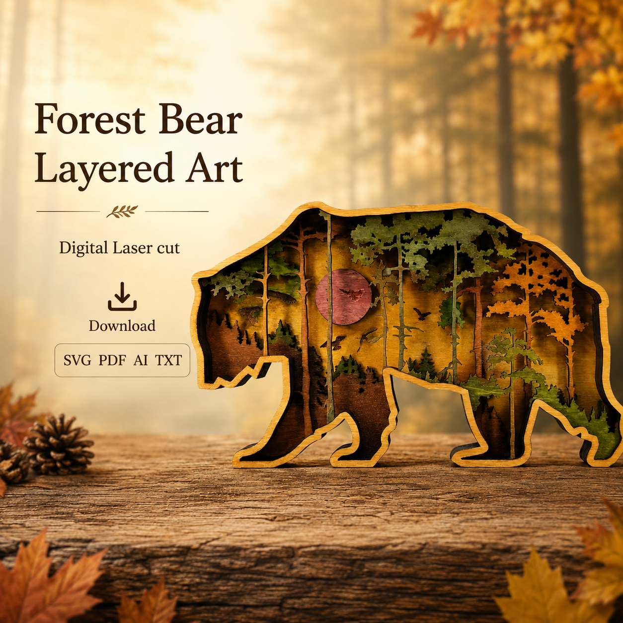 99c21a8e-54fc-49fb-9e57-e9d4e92ce1d1 Bear SVG, 3D Layered Mandala, 7 Layer Laser Cut, Glowforge Laser Art - Image 1