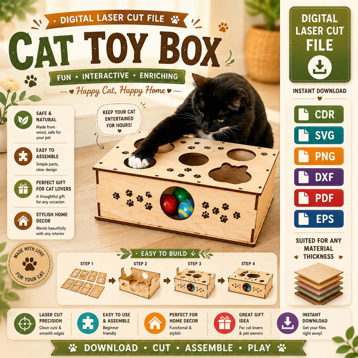 9eb930a9-a339-4089-9236-812187bc741d Cat Toy Box Laser Cut, Wooden Cat Storage Box SVG, Pet Toy Organizer CNC Template, DXF PDF EPS Files - Image 1